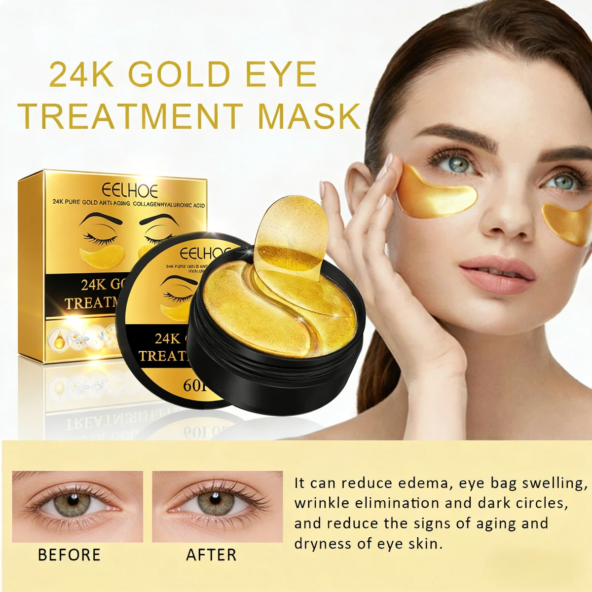 

24K Gold Eye Mask Removal Eyes Bags Anti Dark Circles Eliminating Puffiness Moisturizing Firming Eye Skin Care Patches