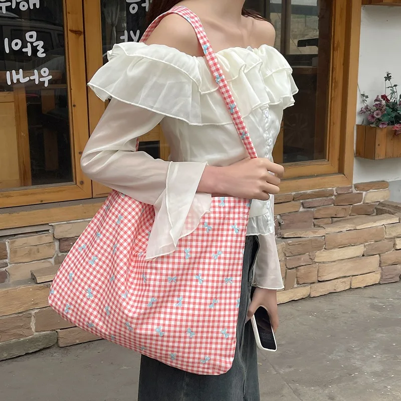 Candy Color Large Bow Shoulder Shopper Bag for Women Canvas Fashion Tote Shopping Bags Woman Handbags Reusable Travel Bags