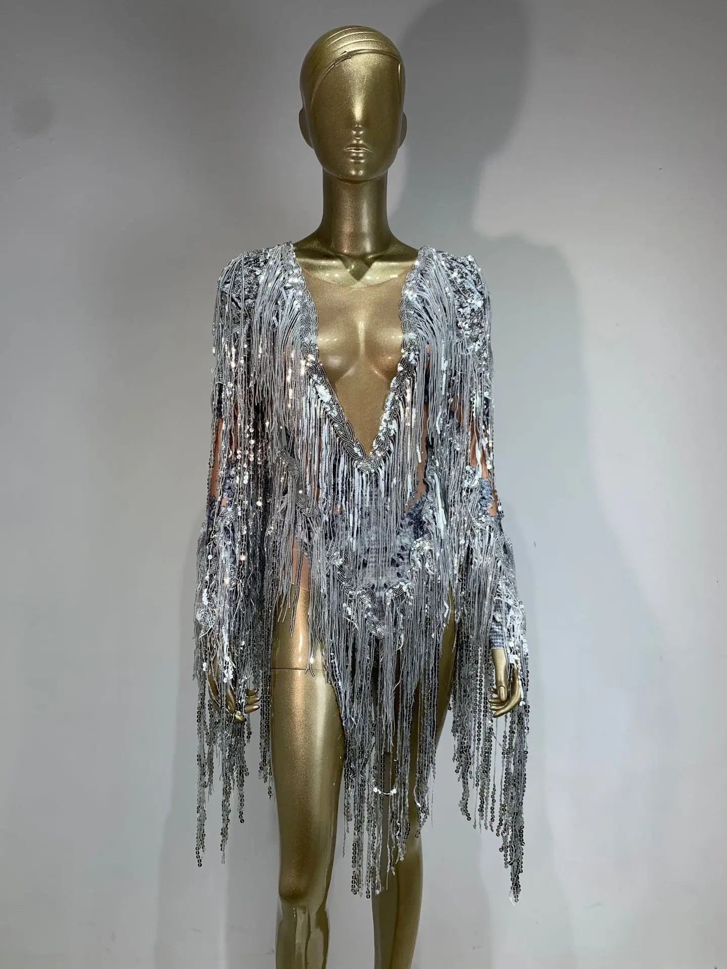 2025nova chegada lantejoulas borla sexy sheer malha bodysuit para bares e discotecasdjstage lantejoulas desempenho traje