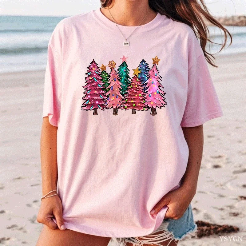 Womens Christmas Tree Graphic Print T-Shirt Funny Christmas Holiday Short Sleeve T Shirt Clothing Top Tee Ladies Girls Shirt