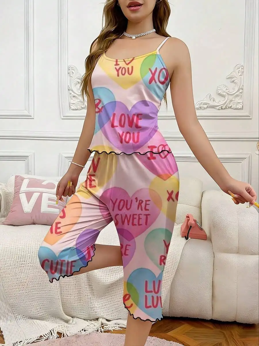 

Womens Love Heart Print Two Piece Pajama Set Polyester Sleepwear