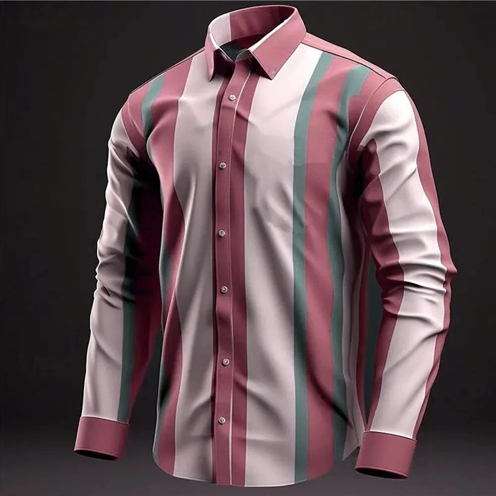 Men's Colored Stripe Contrast Color 3D Printed Button Long Sleeve Shirt Comfortable Breathable Men's Shirt Slim Design Men's