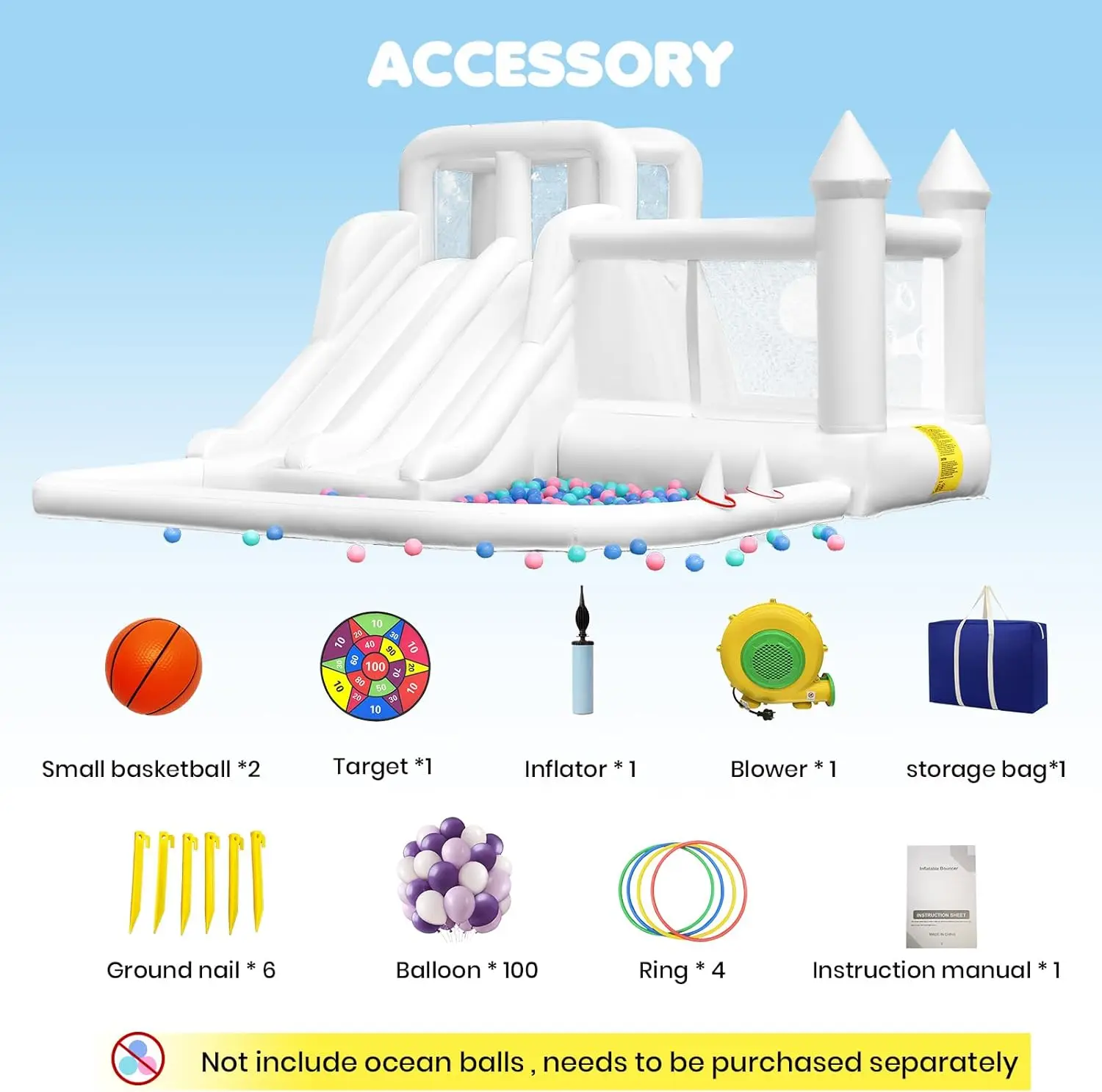 Casa de salto branca oxford, castelo inflável infantil com escorregador e piscina de bolinhas, brinquedos infláveis médios a grandes para crianças