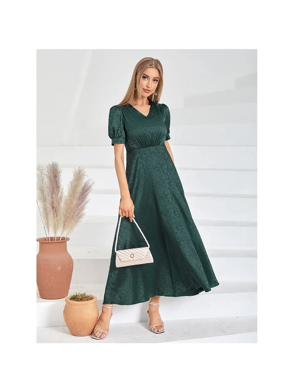 Summer Runway Dress Short Sleeve Green V Neck Women Evening Dress Full Length Ankle-Length Gorgeous Robe Slim Waist