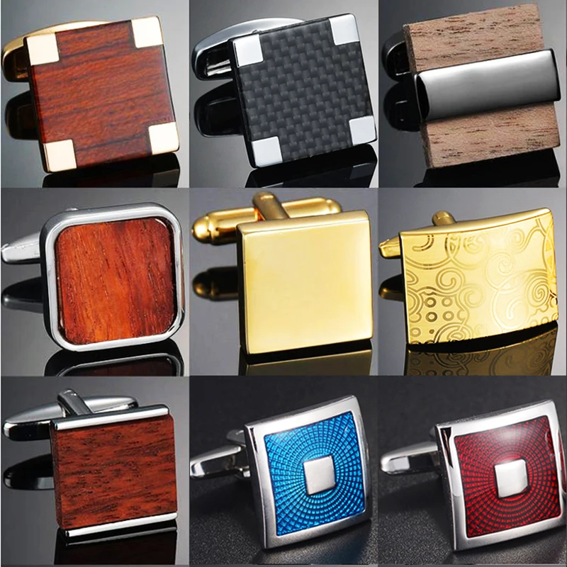 High Quality Wooden/Crystal/Carbon Metal Geometric Cufflinks for Mens French Business Shirt Cuff Links Square Men\'s Cufflinks