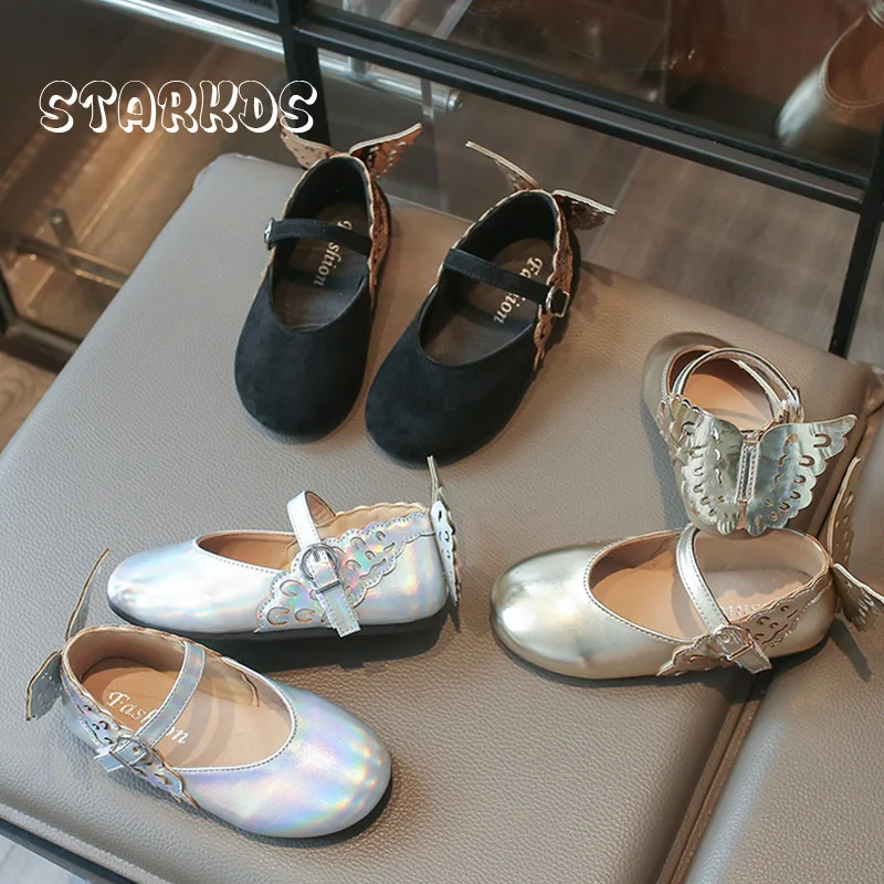 Butterfly Wings Ballet Flats Kid Girl Brand Design Fairy Princess Shoes Baby Child Silver Gold Buckle Strap Mary Jane Shoes