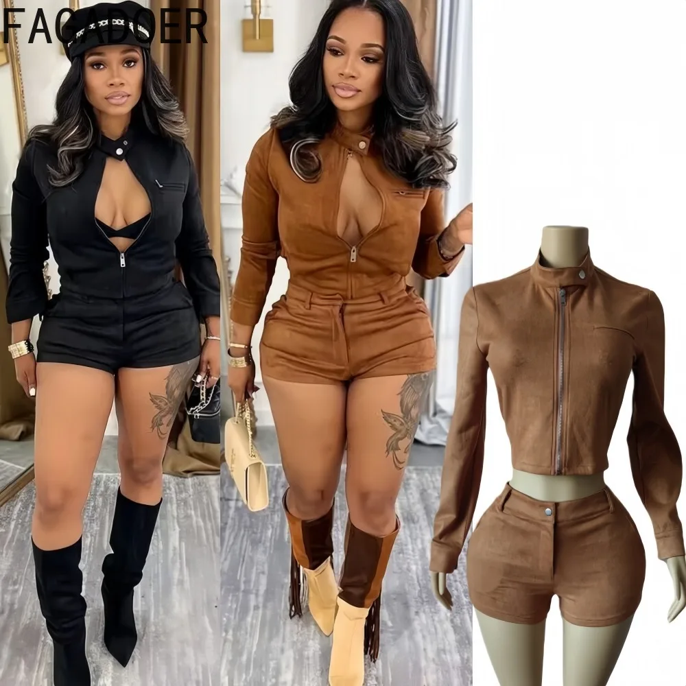 

FAGADOER Winter New Fashion Two Piece Outfits Woman Solid Color Suede Fabric Patchwork Crop Top + Shorts Suit Female Streetwear