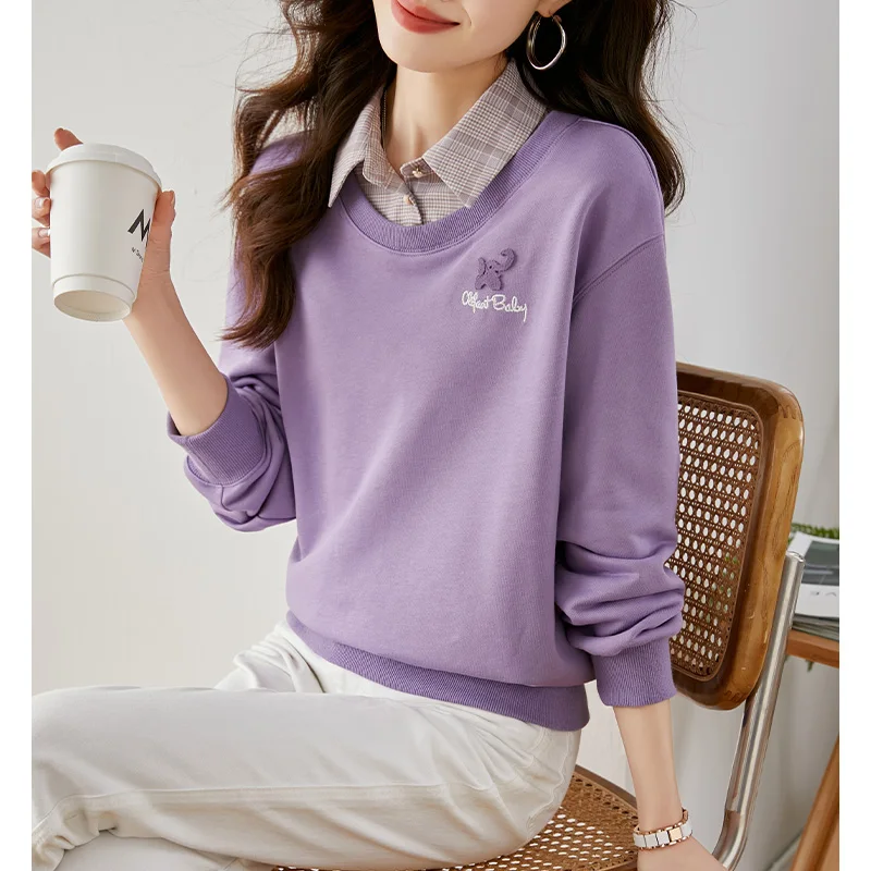 Vimly Purple Shirt Collar Sweatshirts for Women 2023 Spring Cotton Casual Loose Patchwork Fake Two Pieces Long Drop Sleeve Tops