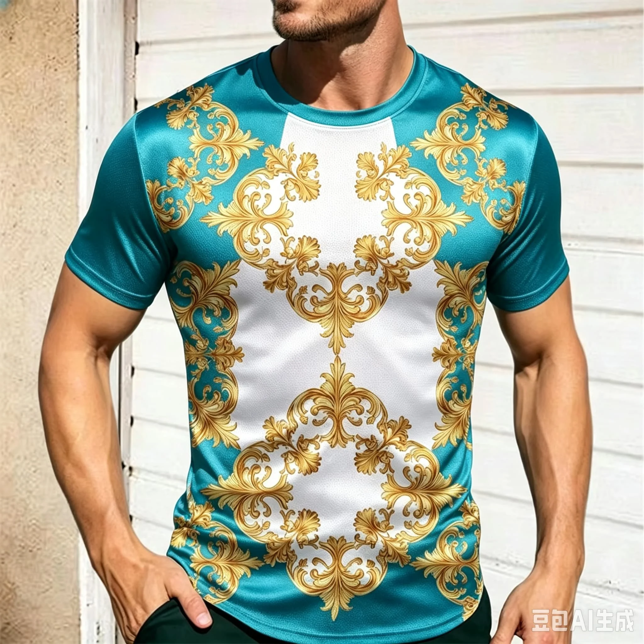 Men Luxury Baroque Golden Scroll Print T‑Shirts Summer Quick Dry Short Sleeve Tee Casual Round Neck Fitness Streetwear Male Tops
