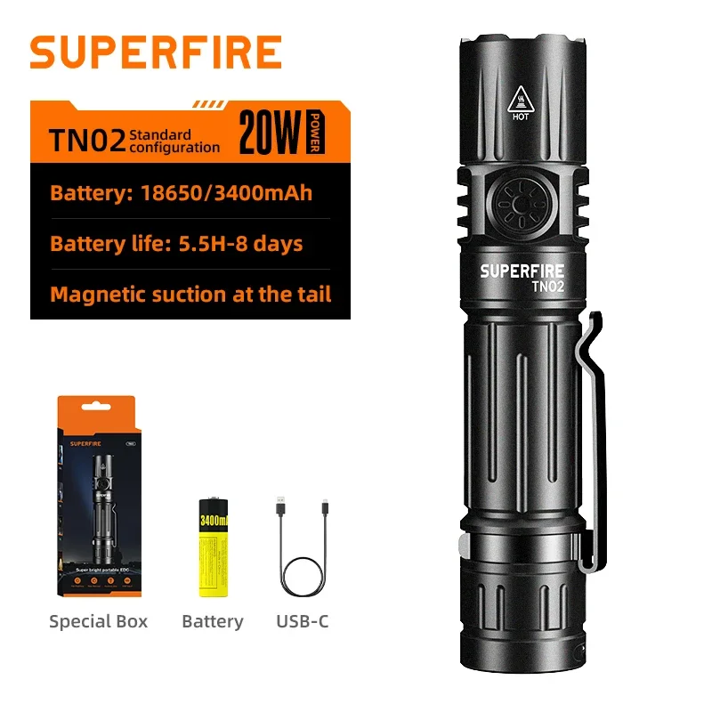 

SUPERFIRE TN02 Magnetic EDC Flashlight Led Flashlights 1800LM Tactical Torch with Magnetic Type-c Rechargeable Camping Lantern