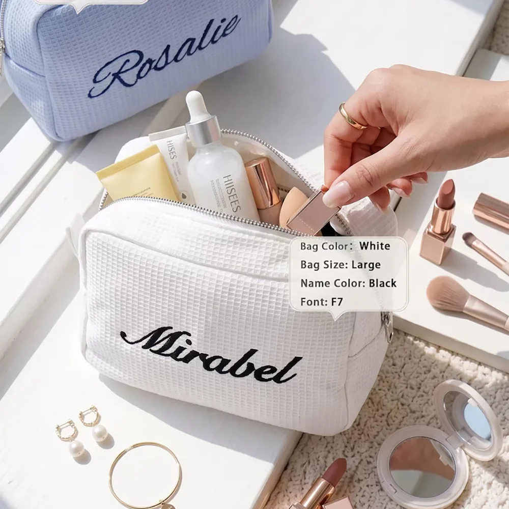 Waffle Cosmetic Bag Personalized Bridesmaid Makeup Bag Bridal Shower Gift Monogram Toiletry Gift for Her  Team Bride Travel Bag