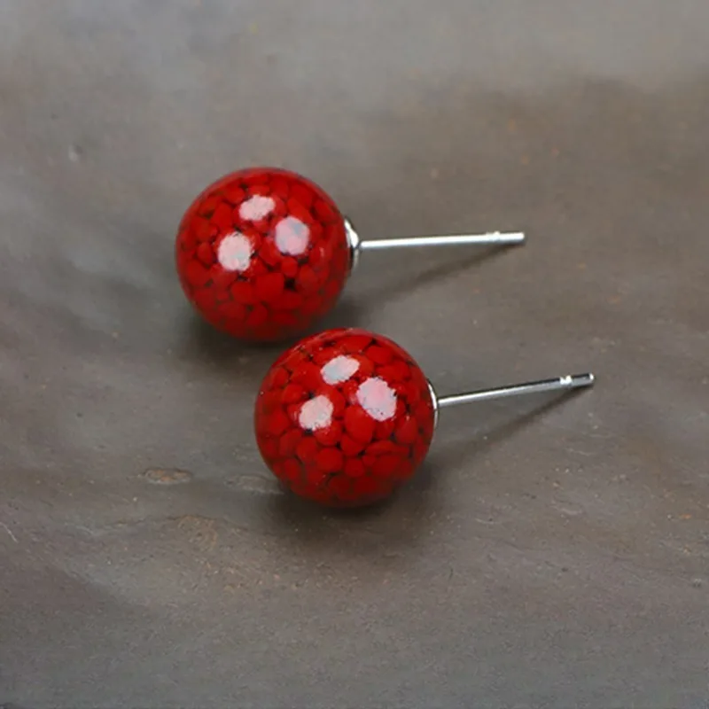 

Natural Cinnabar Round Bead Stud Earrings, Classic Small and Simple Jewelry