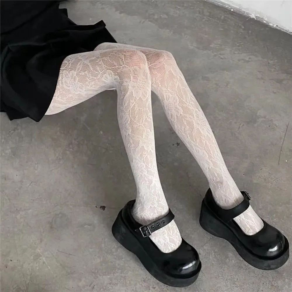 Ins Sexy Hollow Out Pantyhose High Elastic Wine Red Fishnet JK Tights Flower Hipster Leggings Hot Girls