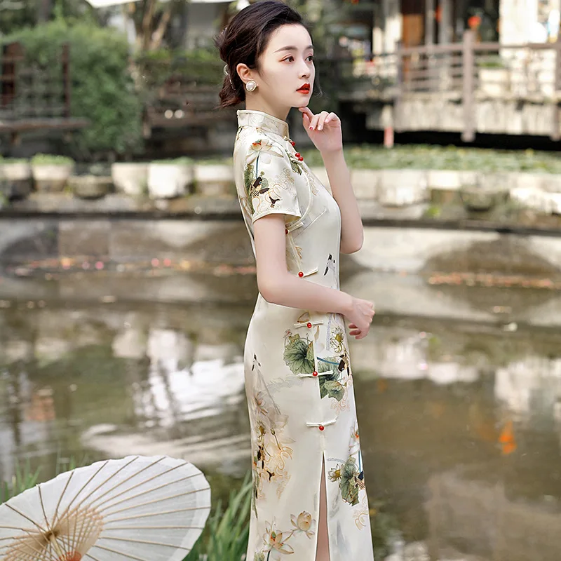 Frühling Sommer Lotus Print Dame Sozialen Etikette Kleid Kurzarm Frauen Qipao Chinesischen Traditionellen Weibliche Cheongsam