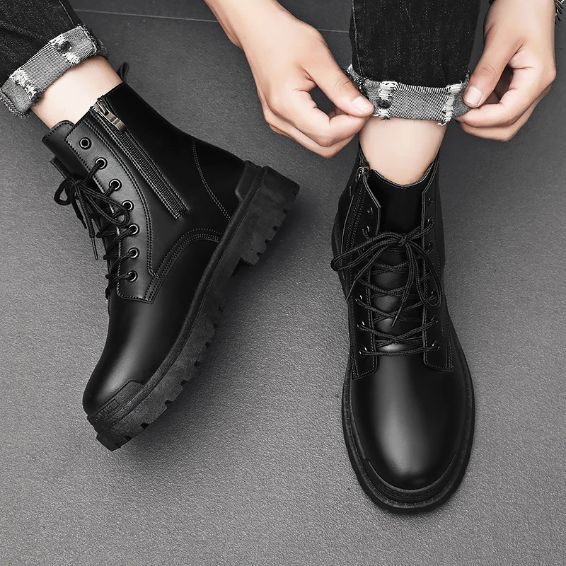 Brand Boots Autumn Winter New Leather Ankle Boots Men\'s Motorcycle Boots Lace Up Trend Short Boots Youth Round Toe Work Shoes