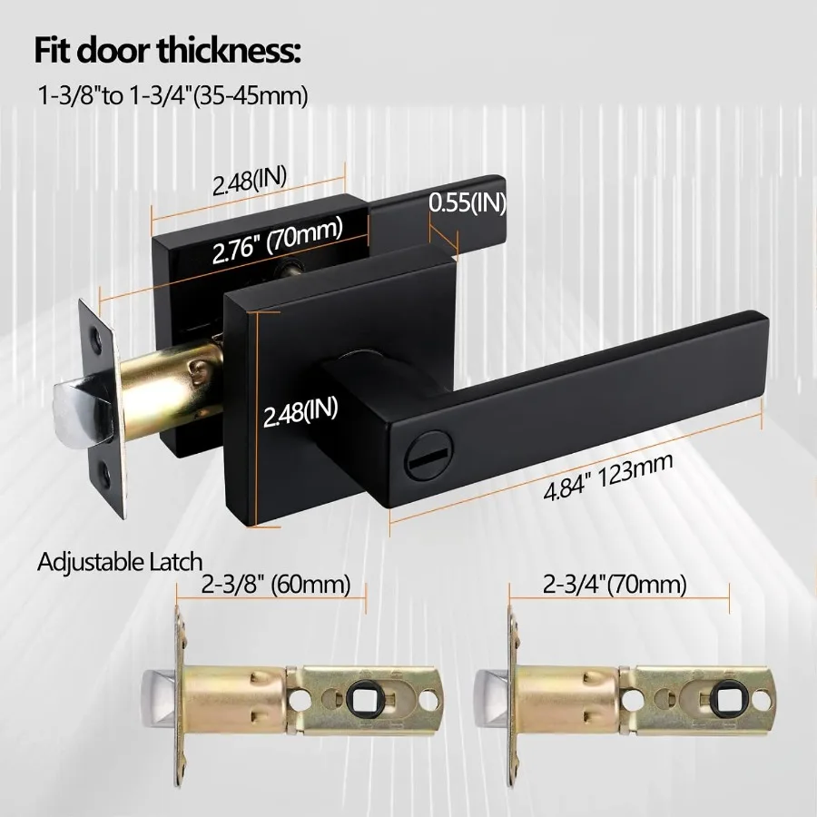 مقبض مربع للخصوصية عالي التحمل، رافعة باب سوداء غير لامعة بدون مفاتيح لأمن غرفة النوم أو الحمام، تصميم متين مع سلسة