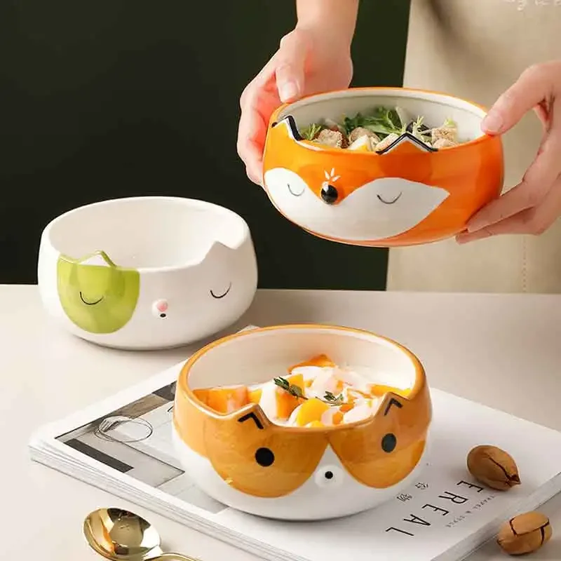 Hand Painted Fox Cat Dog Bowls Cute Animal Bowl For Salad Fruit Noodle Rice Soup Creative Underglaze Ceramic Children Tableware