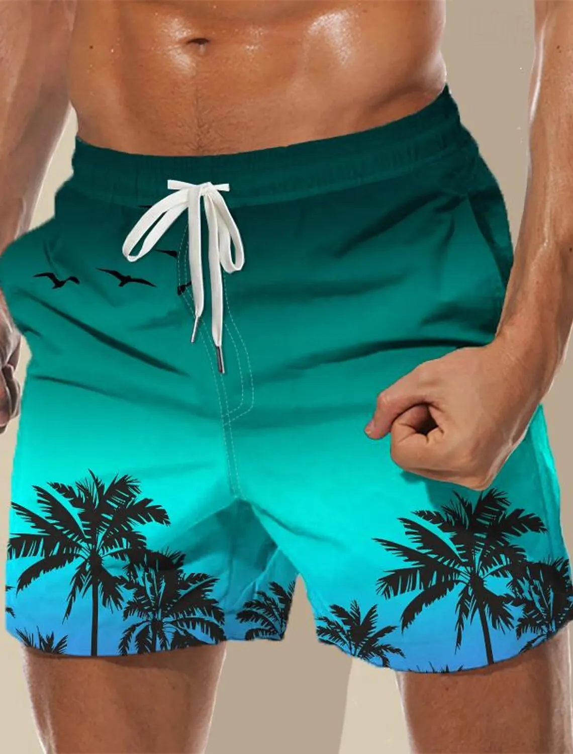 Męskie drzewo kokosowe gradientowe kąpielówki spodenki plażowe moda Streetwear kieszonkowe spodenki ze sznurkiem bielizna męska