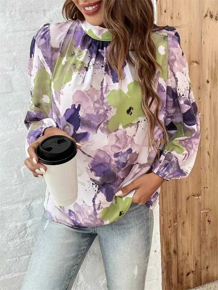 Women Spring Autumn Style Blouses Shirts Lady Casual Long Lantern Sleeve Stand Collar Printed Blouse Tops