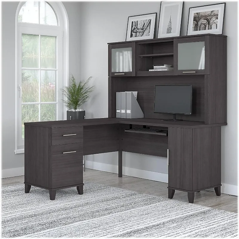 SET002SG Somerset 60-Inch W L-Shaped Desk with Hutch, Storm Gray