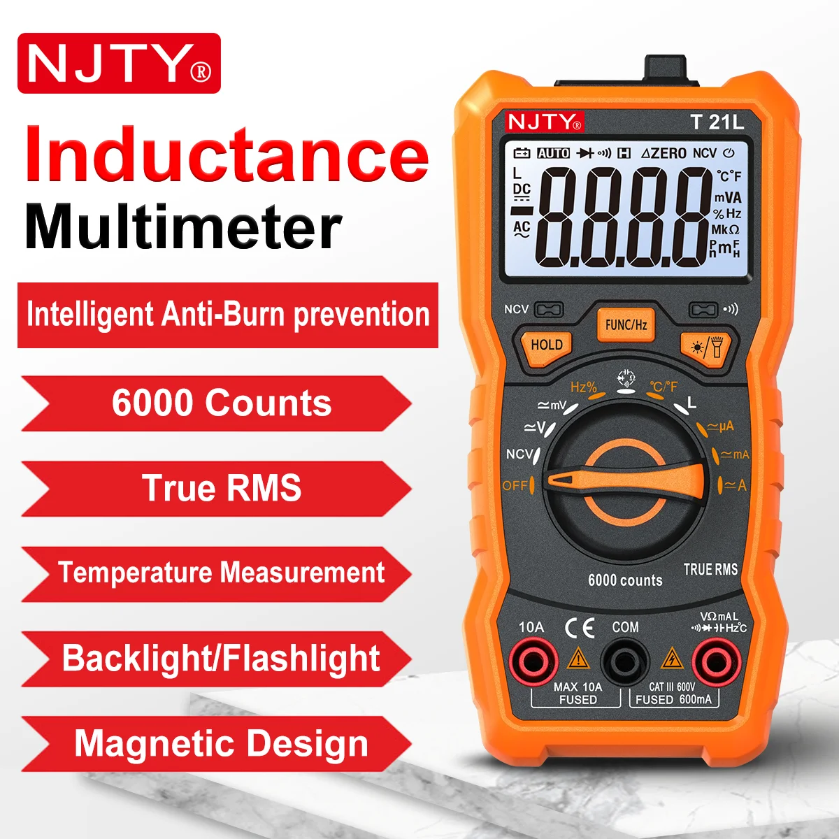 NJTY T21L Inductance Digital Multimeter 600μH-60H Range Duty Cycle 0.1-99% Temp DC AC Amp Voltage Resistance Capacitance NCV Hz