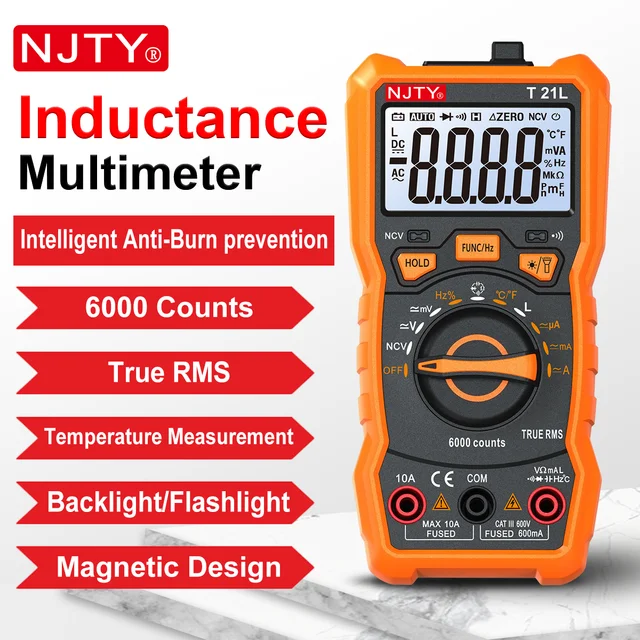 NJTY T21L indukcyjność multimetr cyfrowy 600μH-60H zakres cykl pracy 0.1-99% temperatura DC AC wzmacniacz rezystancja napięcia pojemność NCV Hz