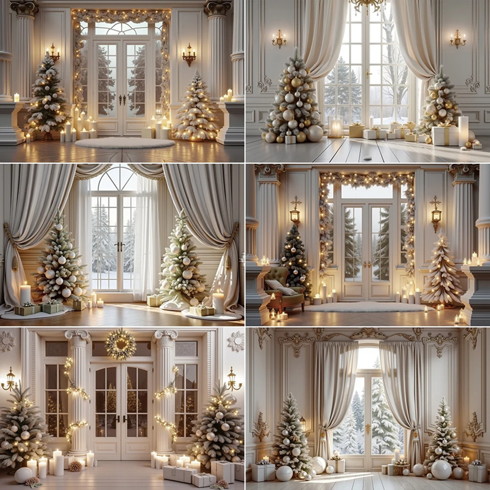 

MOON.QG Christmas White Curtains Photographs Backdrop Xmas Pine Tree Lights Decor Photocall Background 2025 Photo Studio Props