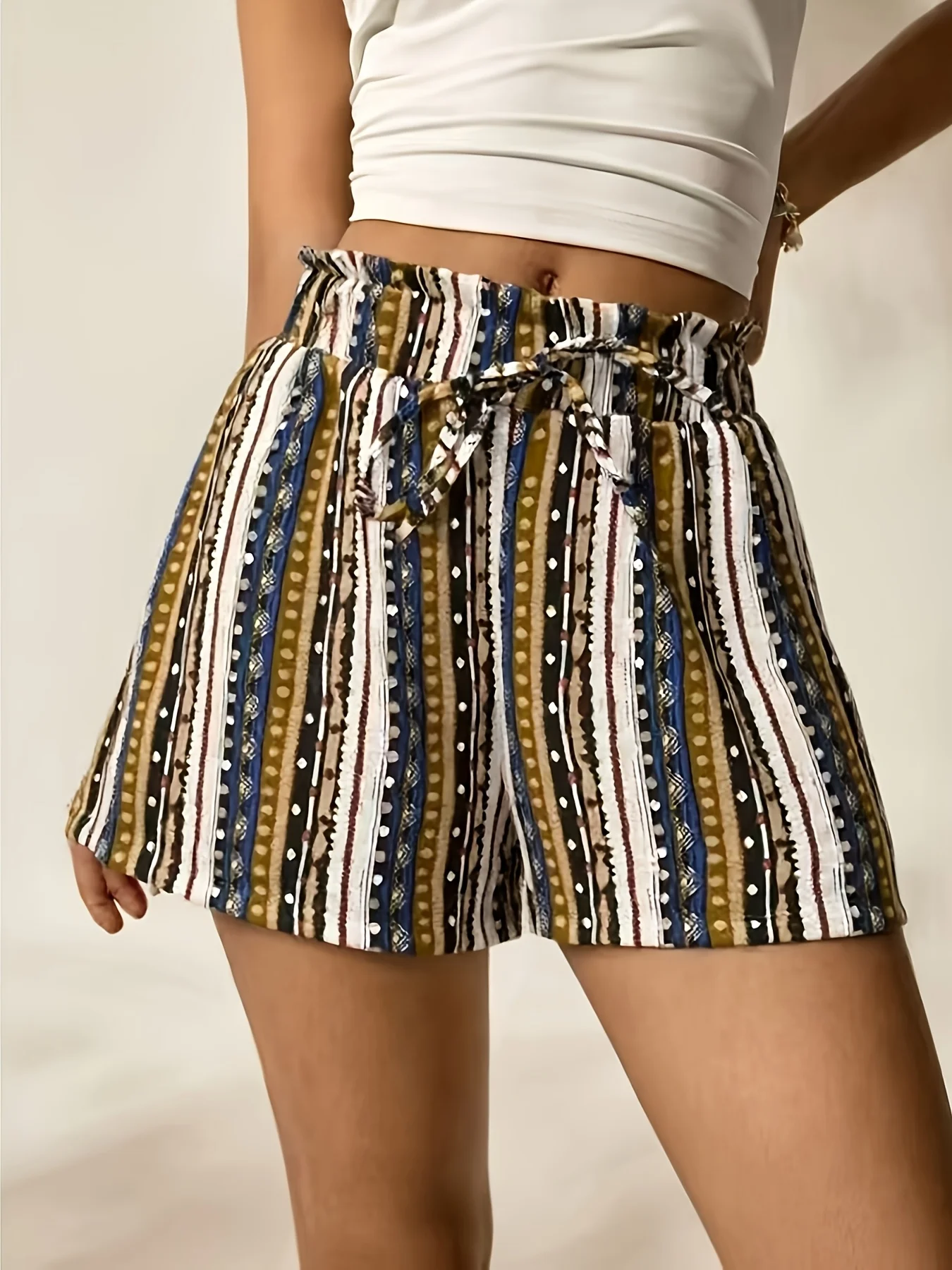 Women's Boho Tribal Stripe Print Shorts High Waist Ruffle Elastic Waistband With Drawstring Casual Loose Fit Summer Shorts
