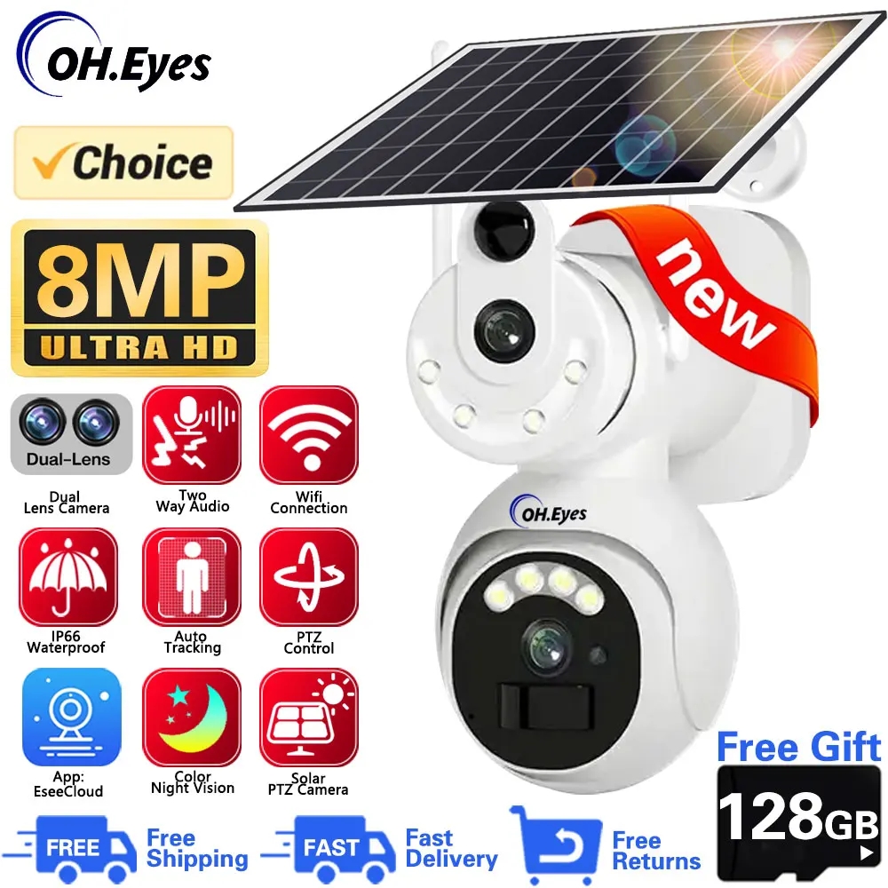 

4K 8MP WiFi Dual Lens PTZ Solar Camera Dual Screen PIR Human Detection Outdoor Battery Two Way Audio Secuity Surveillance Camera