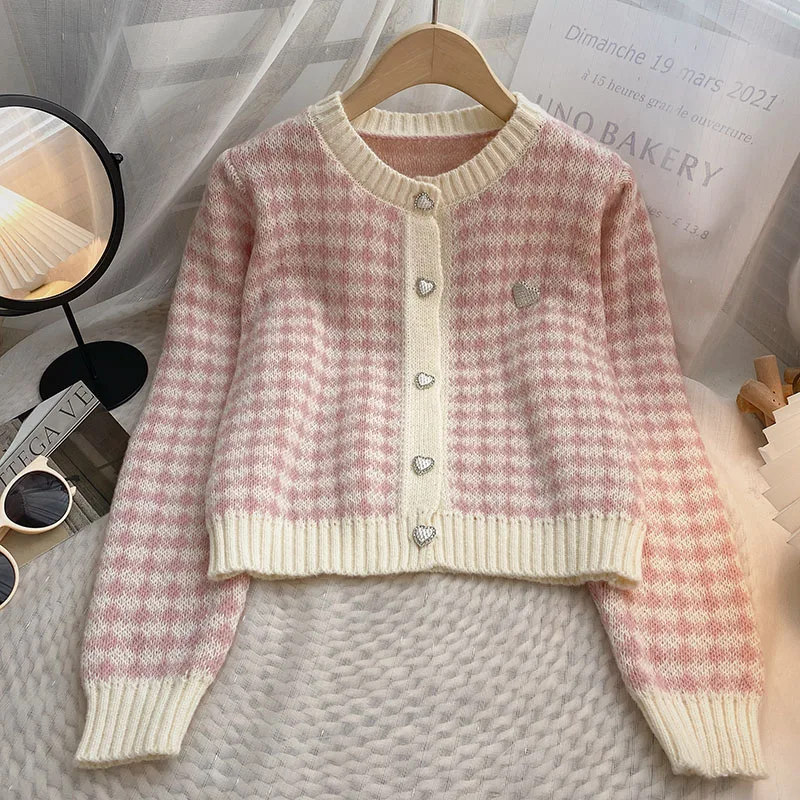 Women Color Blocked Sweater O- Neck Love Single Breasted Long Sleeved   Autumn Winter 2022 Korean Fashion Cardigan Top