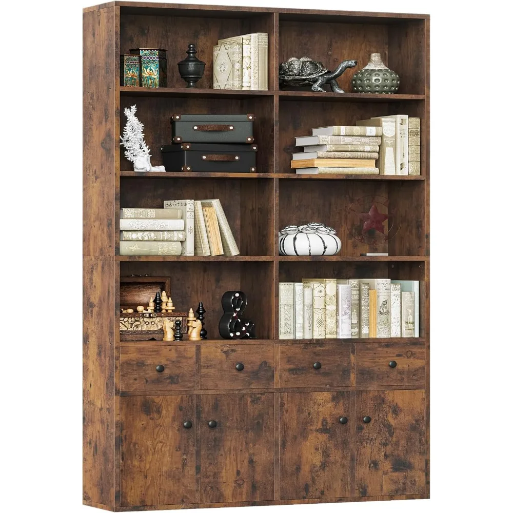 

78.7 bookshelf with 4 drawers and 4 doors, 6-story large bookshelf with storage, floor standing display storage rack