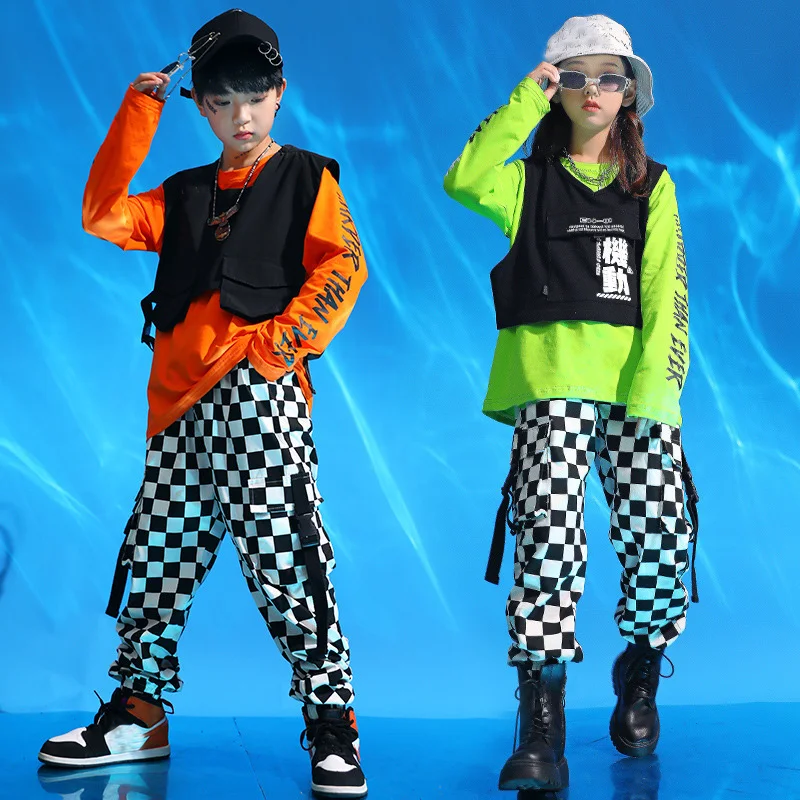 Hip-Hop Overalls Tide Suit Jazz HipHop Dancing Outfit Green Orange Top Vest Plaid Pants Costumes for Kids Boys Girls