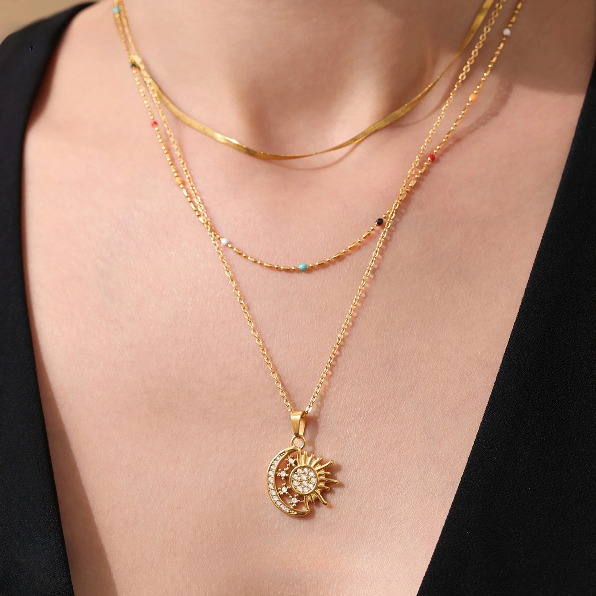 

Eye-catching stackable necklace for women finely crafted Stainless Steel plated 18k gold Sun Pendant party and daily no fading