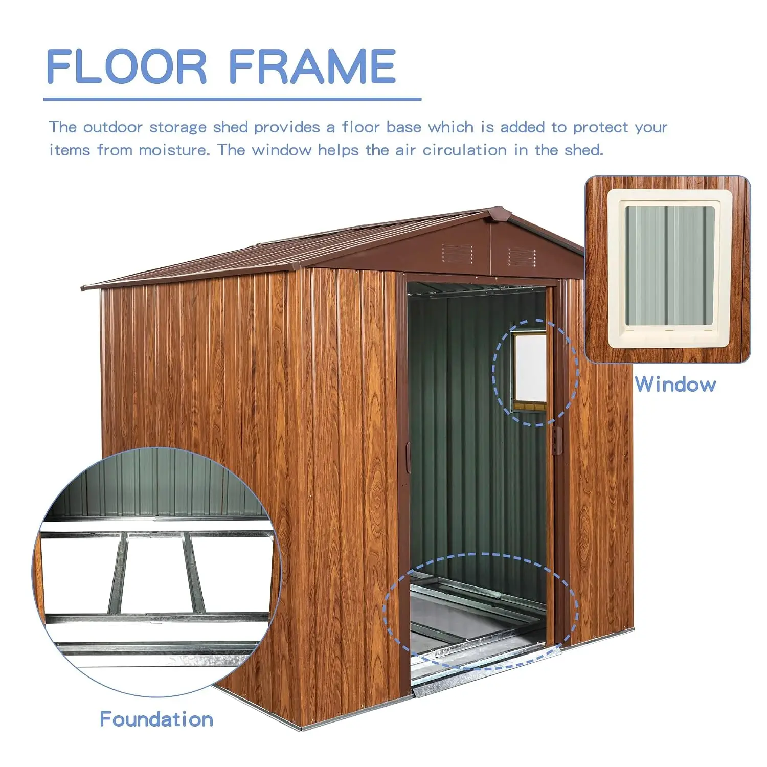 6x6FT Metal Outdoor Storage Shed with Floor Frame Lockable Doors Window Vents Waterproof Backyard Lawn Garden Tool House, Custom view 3