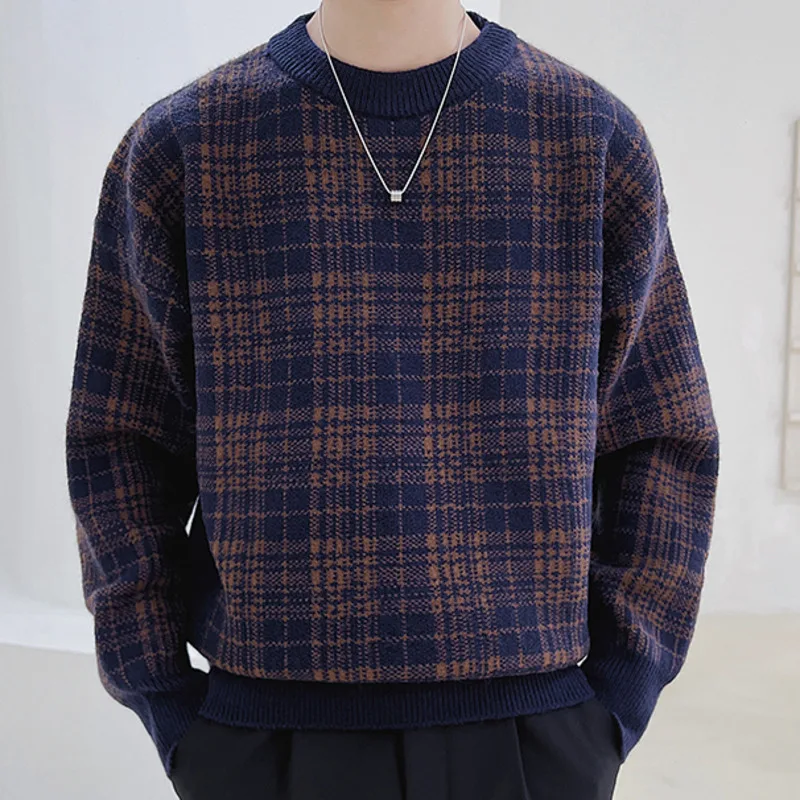 

2023 Autumn Sweater For Men Knitted Round Neck Sweater Korean Plaid Contrast Color Sweater Mens Pullover Sweater Pull Homme