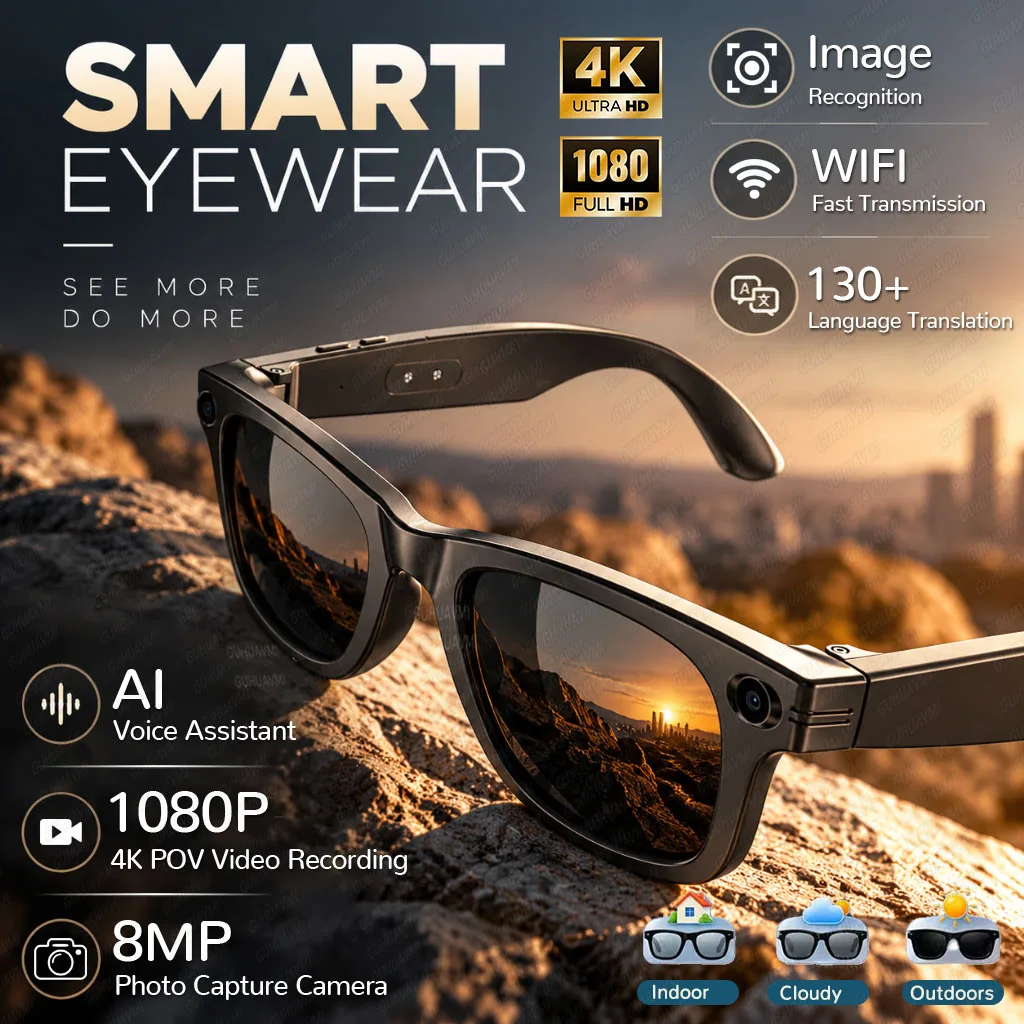 2026 AI Hot Sale Smart Glasses with BMP Camera 4K 1080P POV Video Recording 130+Language Translation AI Assistant Audio Glasses