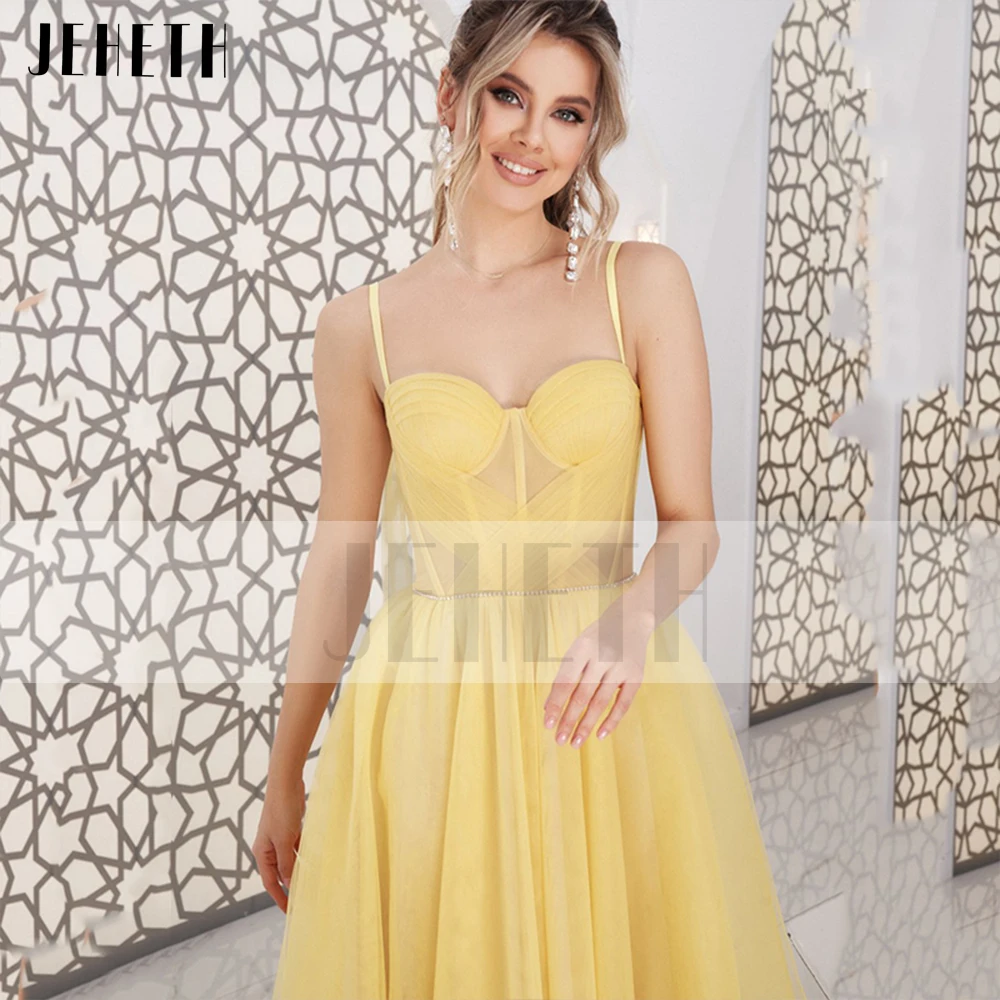 JEHETH-vestido de fiesta de tul con tirantes finos, elegante, amarillo, con lazo, Simple, espalda abierta, plisado, escote Corazón, línea A