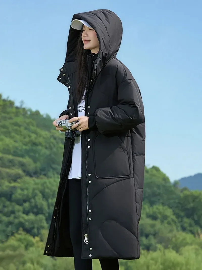 Vielleicht 2025 roupa de neve novo casaco de inverno sólido para mulheres jaqueta quente casual solto com capuz inverno jaqueta longa parkas