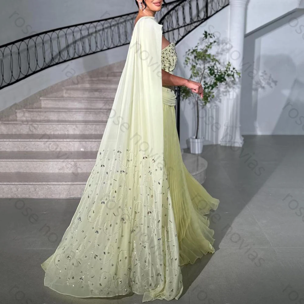 고품질 노란색 스트랩리스 쉬폰 이브닝 드레스 정교한 비딩과 드레이핑 A라인 바닥 길이 맞춤형 여성 이브닝 드레스