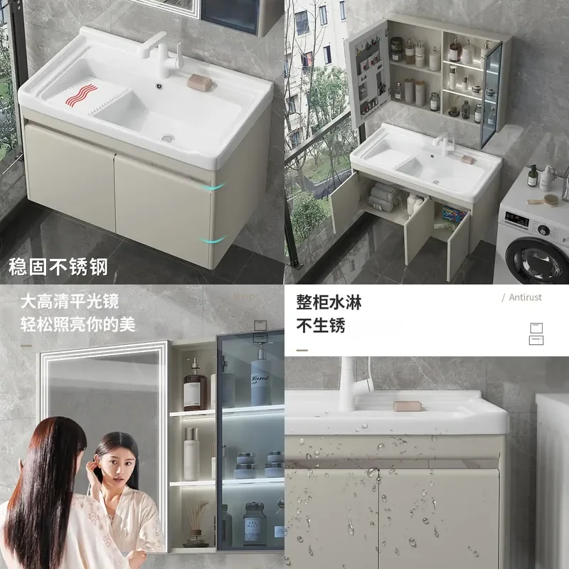 For Balcony Stainless Steel Laundry Cabinet Household Suspended Wash Basin Ceramic Integrated Basin Laundry Pool