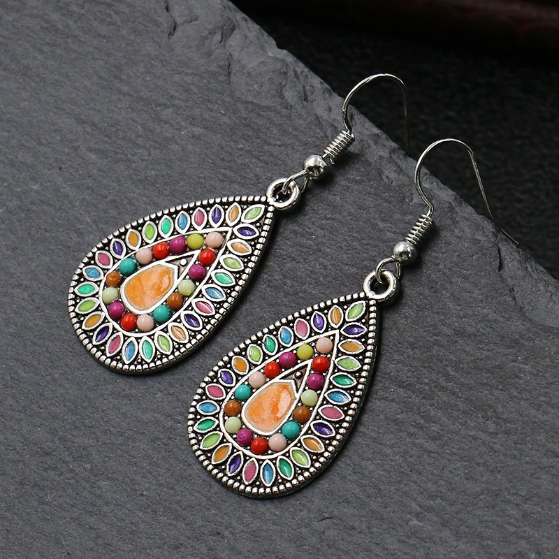 Ethnic Boho Colorful Enamel Earrings For Women Bomemain Retro Hollow Flower Round Geometric Vintage Drop Dangle Earrings Jewelry