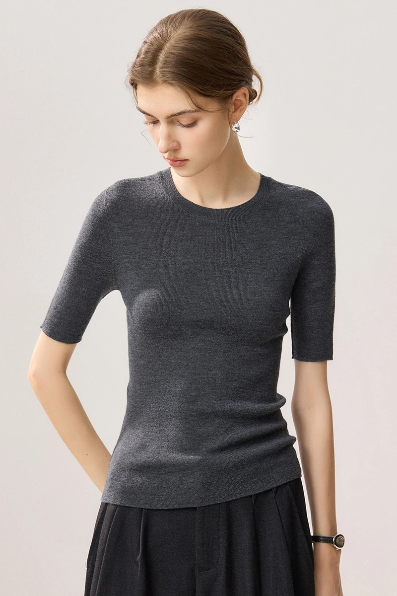 Slim Woman 100% Merino Wool Sweater Mock-Neck Pullover Spring Autumn Sweater Elbow Length Sleeve Cashmere Knitwear Soft Clothing