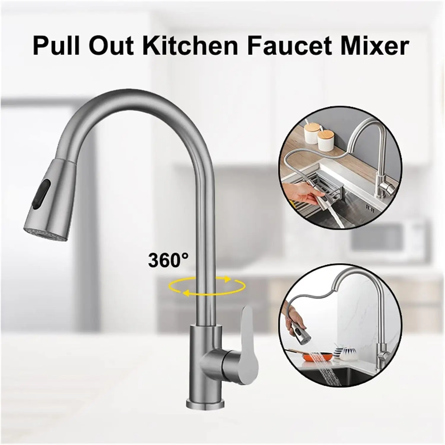 Kitchen Drain Faucet 304 stainless steel 360 Rotation Hot Cold Water Tap For Kitchen 2-way Sprayer Water Tap Single Handle Tap