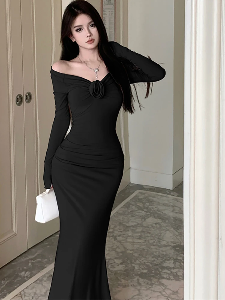 Abito lungo sexy da donna a maniche lunghe con scollo a barchetta Abito lungo sexy autunno inverno Abito da sera di lusso Hepburn vintage 2025 Abito aderente elegante