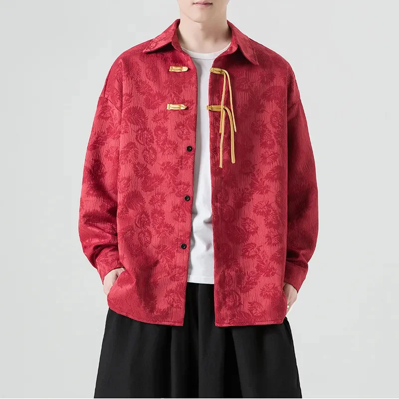 Chaqueta Y2K con estampado de Chinoiserie para Hombre, ropa con hebilla de bobina, Top con cuello tipo POLO a la moda, prendas de vestir exteriores para primavera y otoño, novedad de 2024