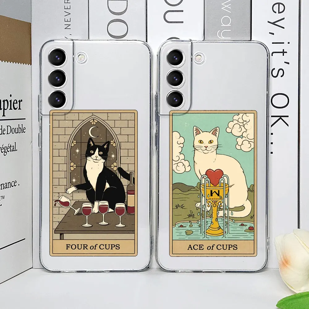 Cute Cartoon Cat Phone Case for Samsung Galaxy S23 FE S22 Plus S21 S20 S24 Ultra Transparent Covers Tarot Card Retro Fundas Capa