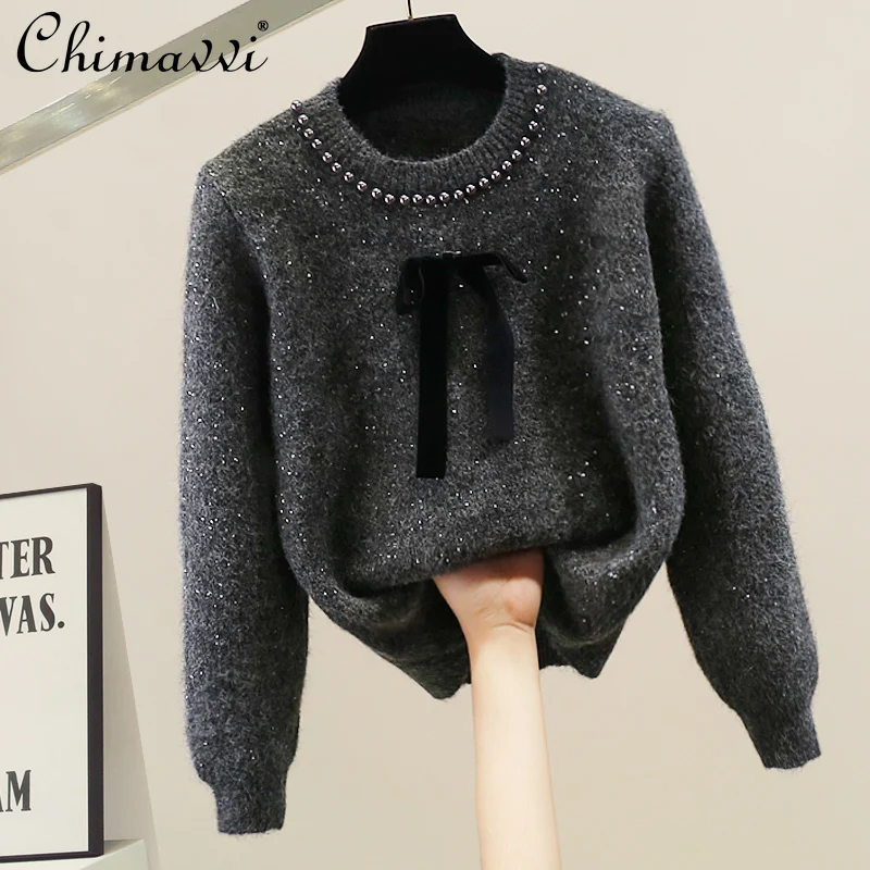 

Корейский модный свитер с круглым вырезом и бантом из бисера, осенне-зимний новый женский свободный элегантный пуловер с длинными рукавами