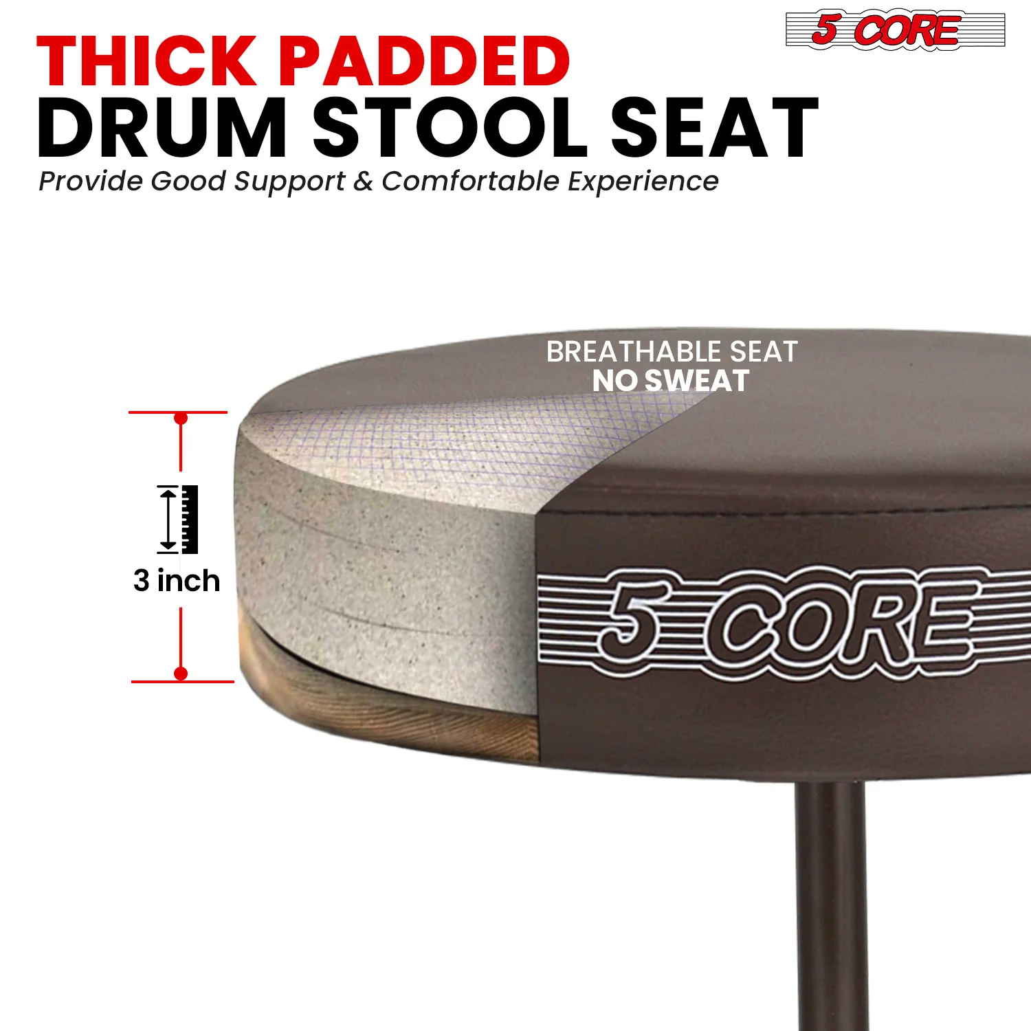 5 CORE Drum Throne Padded Guitar Stool Height Adjustable Music Chair Seat Universal for Adults & Kids with Anti Slip Rubber Feet