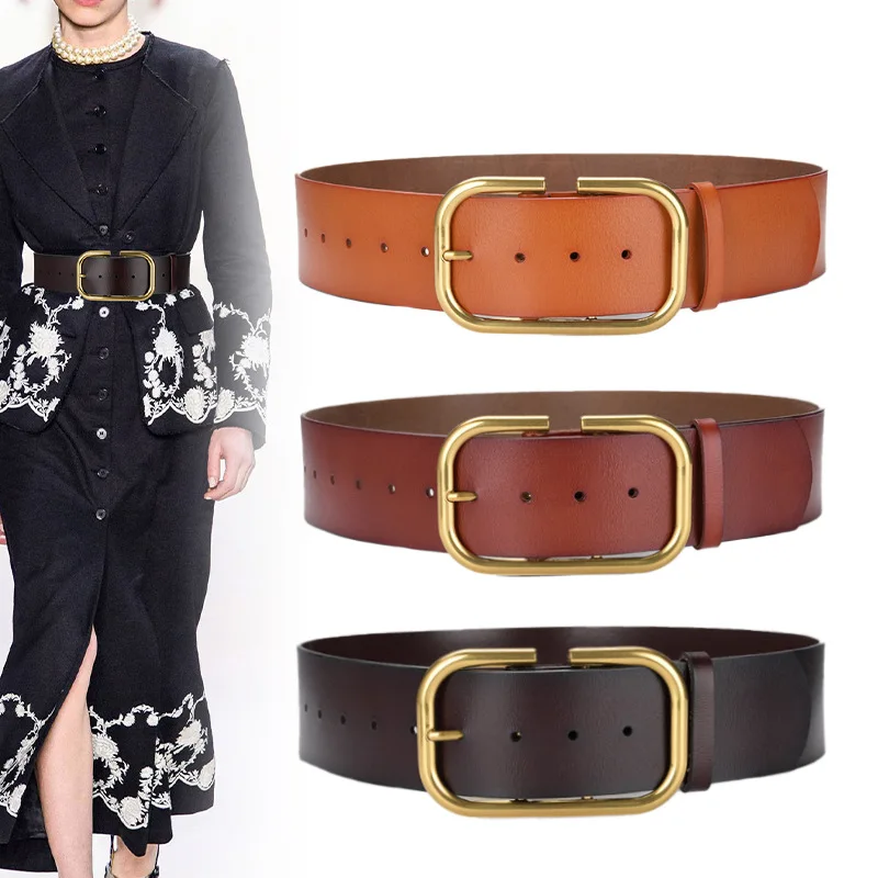 

Wide Genuine Leather Waistband Women's Vintage Cowhide Belt Coat Decoration Solid Colour Gold Buckle Designer Belt