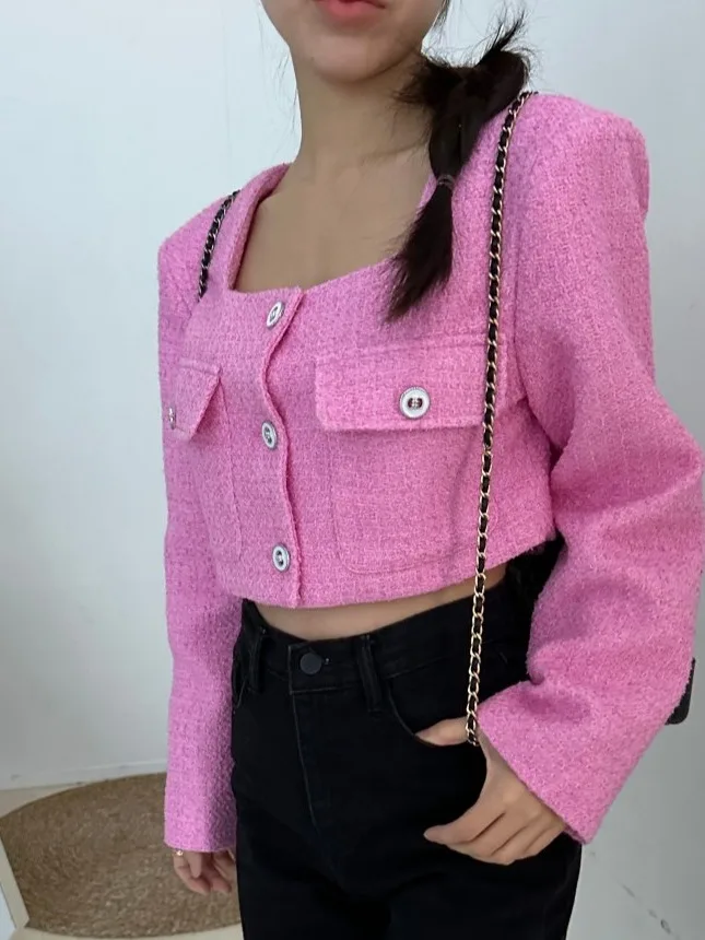 

Faionable ort Bouclé Jaet Шикарный осенний наряд Новый предмет Классический женский топ с квадратным воротником Модный корейский свободный крой из полиэстера